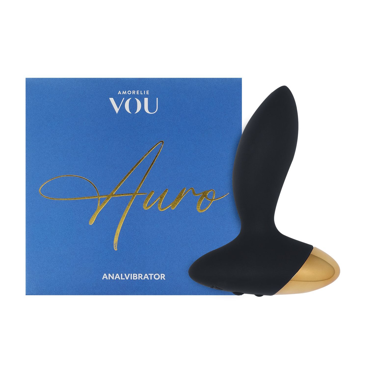 Schwarzer Analvibrator mit goldfarbenem Akzent und blauer Verpackung. Auf der Verpackung steht 'AMORELIE VOU Auro'.