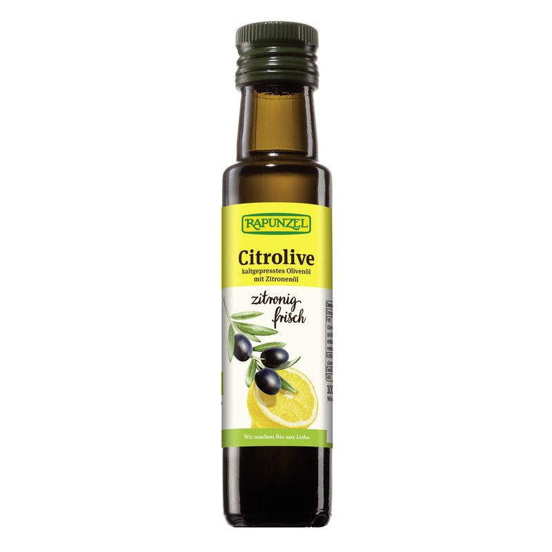 Glasflasche mit Olivenöl. Etikett mit Produktname Citrolive, Zitrone und Olivenzweig. Grüner Deckel.