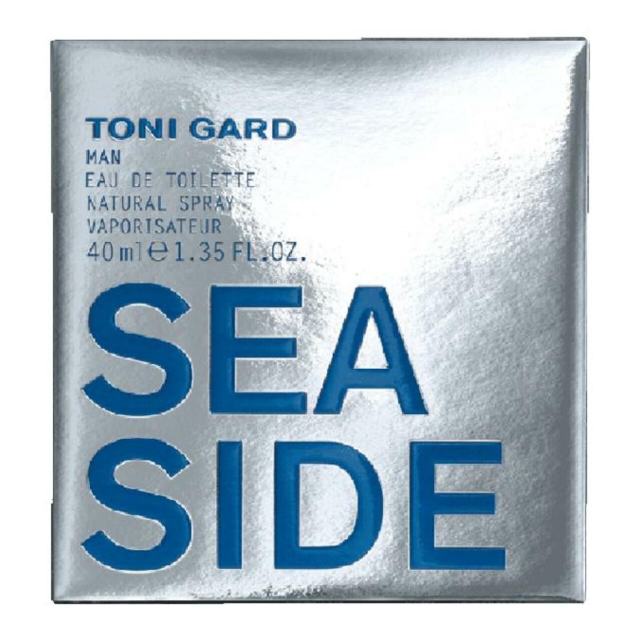 Verpackung von Toni Gard SEA SIDE MAN Eau de Toilette. Silberfarben mit Schriftzug SEA SIDE. Marke und Produktbezeichnung.