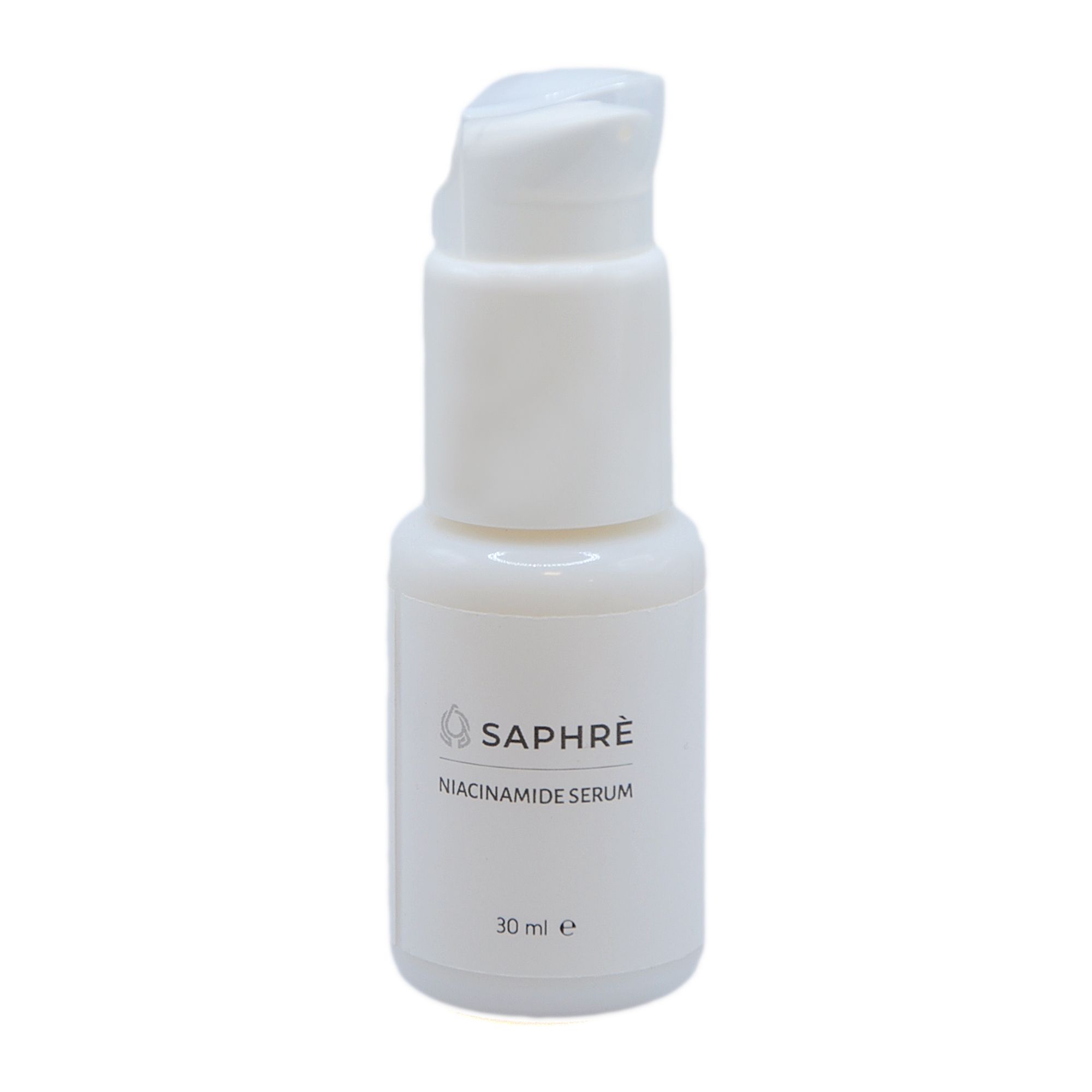 Weißes Serumfläschchen mit Pumpkopf. Aufschrift: Saphre Niacinamide Serum. Volumen: 30 ml.