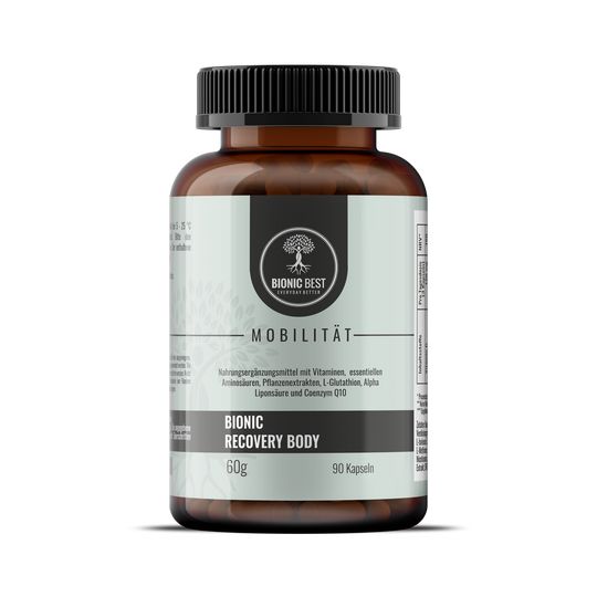 Braune Flasche mit schwarzen Deckel. Aufschrift: Bionic Recovery Body, 90 Kapseln, 60g. Logo: Baum mit Schriftzug Bionic Best.