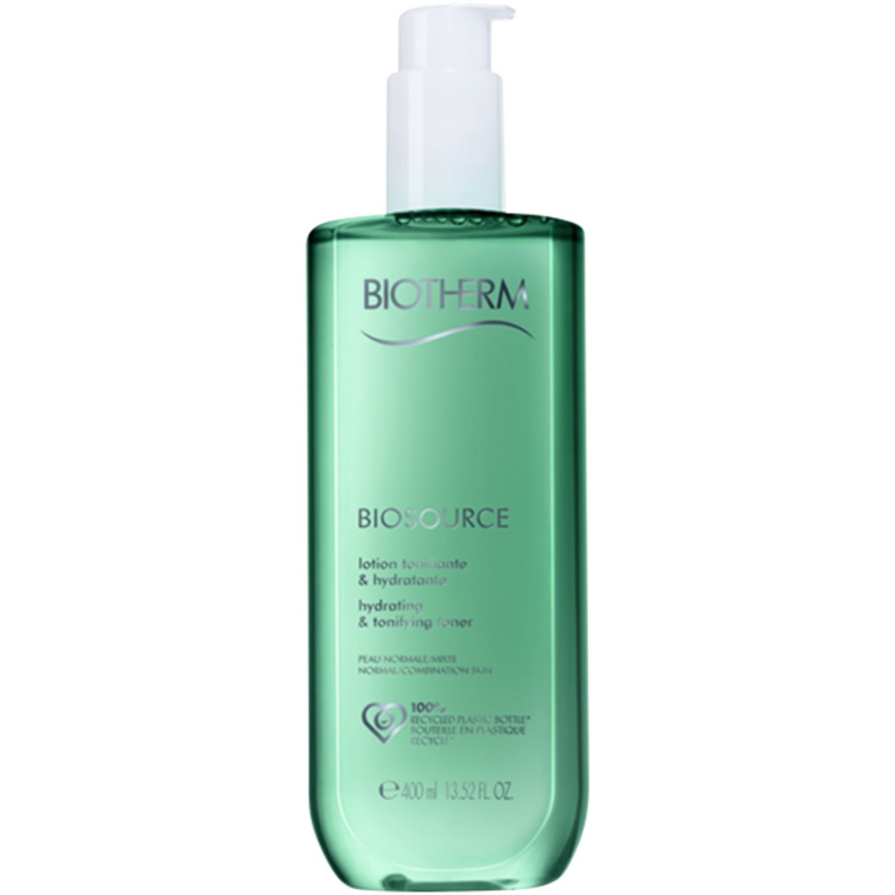 BIOTHERM Biosource Gesichtsreinigung. Grüne Flasche mit weißem Pumpkopf. Text: Biosource, Lotion, Hydratation, für normale Haut.