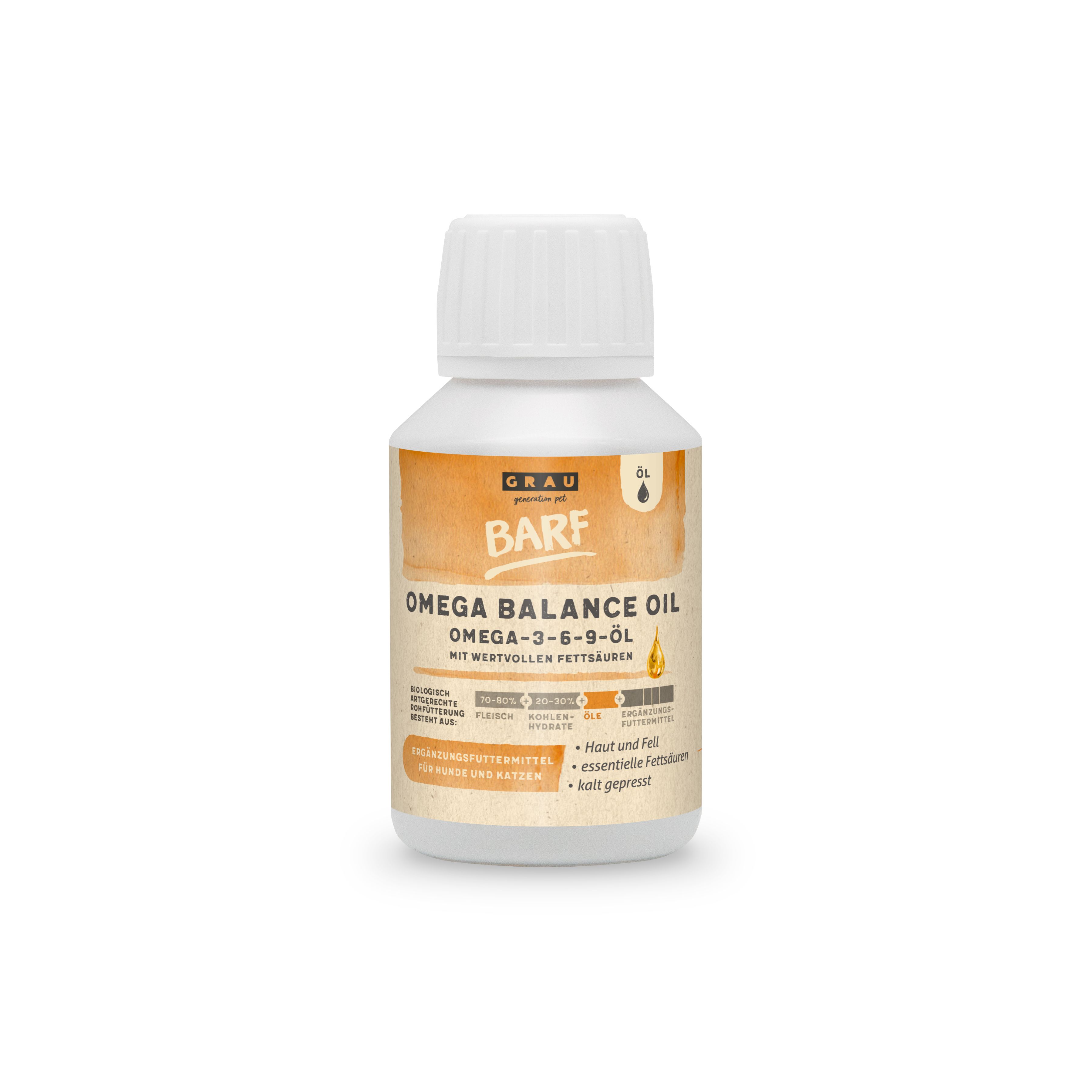 Flasche mit Omega Balance Oil, Omega-3-6-9-Öl mit wertvollen Fettsäuren für Hunde und Katzen.