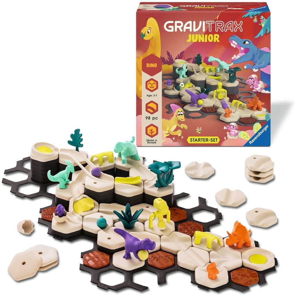 Gravitrax Junior Dino Starter-Set mit bunten Dinosaurierfiguren und Bausteinen für eine Murmelbahn.