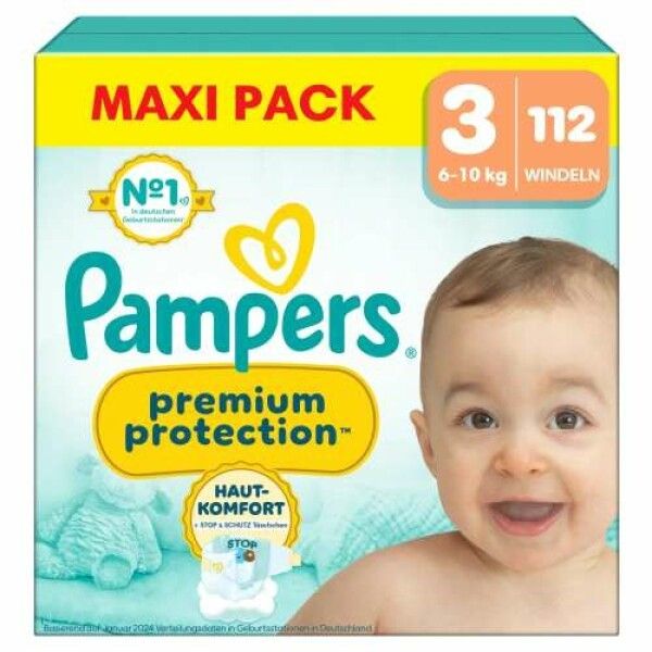 Verpackung Pampers Premium Protection Windeln Gr. 3 Midi. Maxi Pack, 112 Windeln. Aufdruck: Haut-Komfort, Größe 3, 6-10 kg.