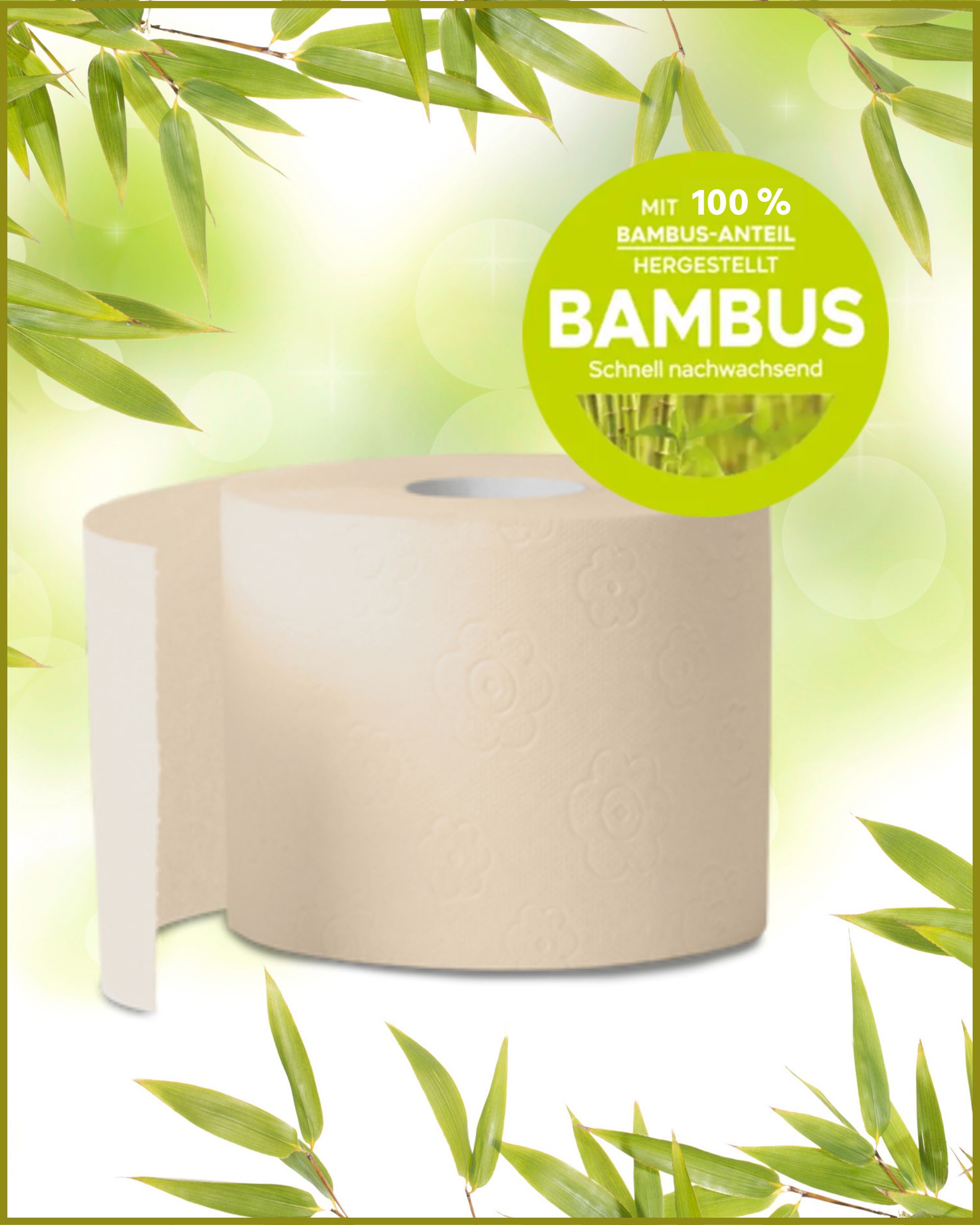 Toilettenpapierrolle aus Bambus. Grün-beige Farbgebung. Aufschrift: BAMBUS, schnell nachwachsend. Hintergrund mit Bambusblättern.