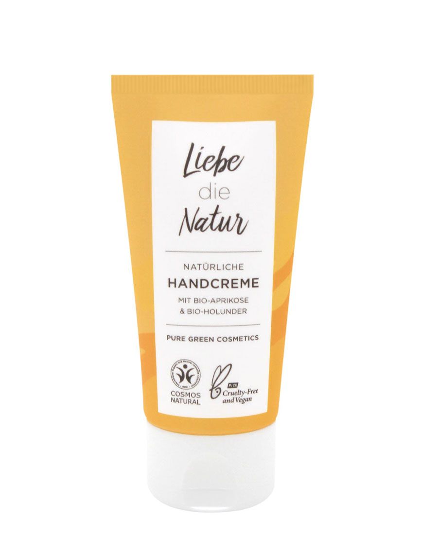 Gelb-orange Tube mit weißem Deckel. Aufschrift: Liebe die Natur, natürliche Handcreme mit Bio-Aprikose & Bio-Holunder. Logos: Cosmos Natural, Cruelty-Free and Vegan.