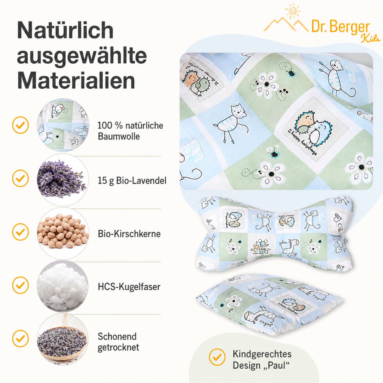 Materialien des Dr. Berger Kissens: Baumwolle, Lavendel, Kirschkerne, HCS-Kugelfaser.