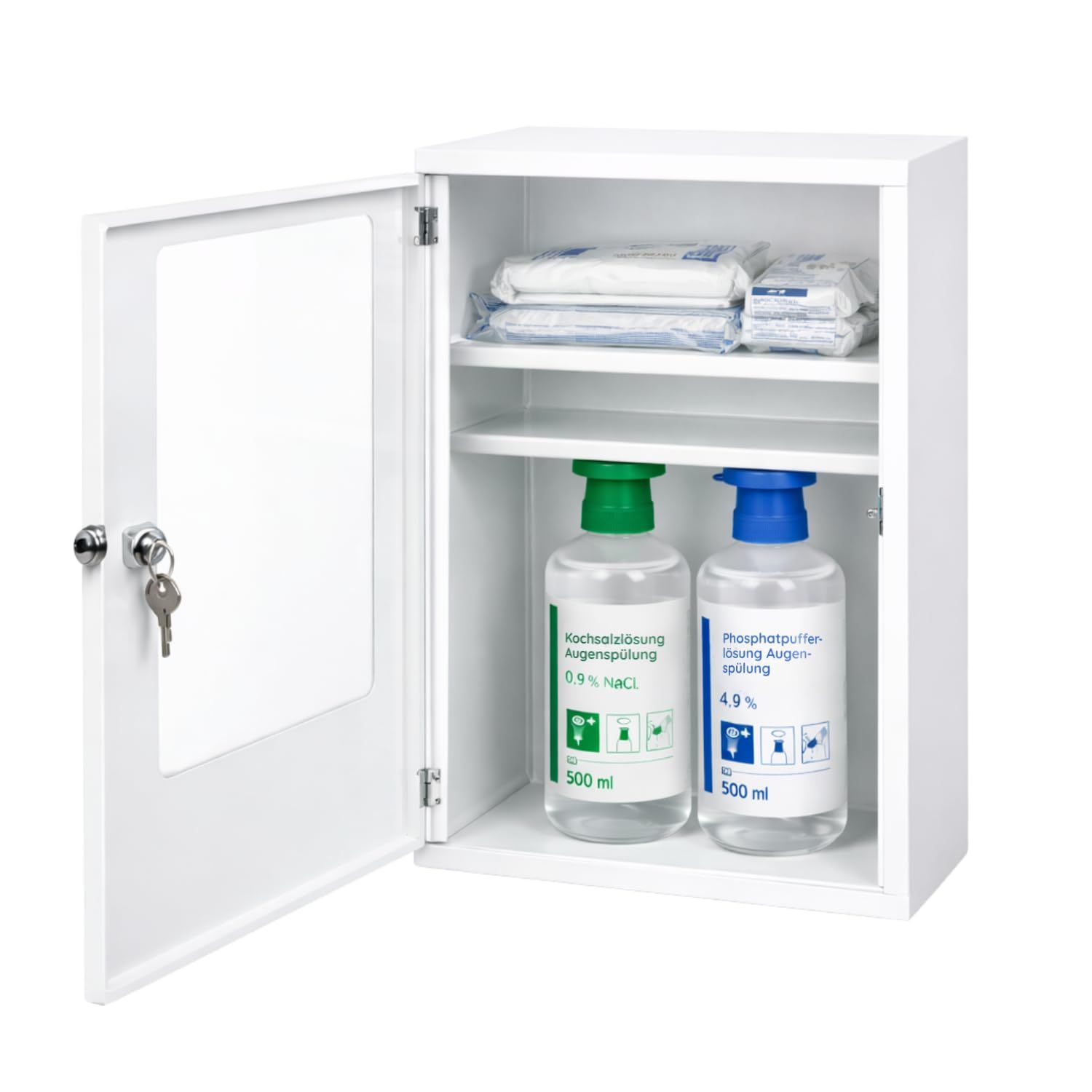 FAP First Aid Products Augenspülschrank - inkl. DIN 13157 + 2 x Augenduschen 500 ml NaCl & Phosphat