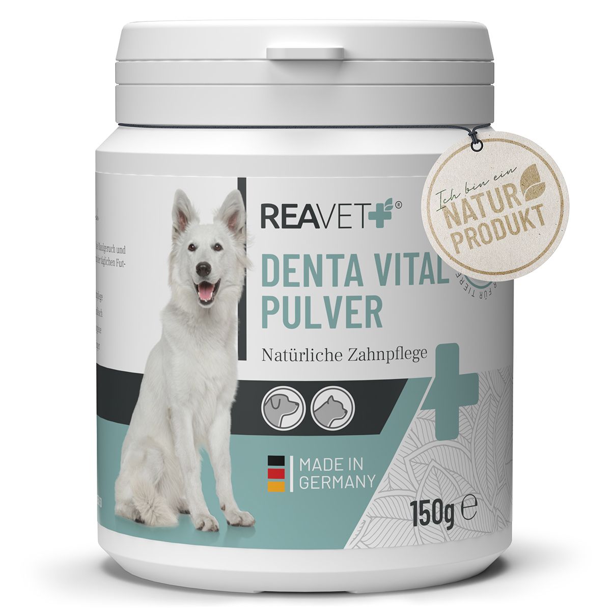 Weiße Dose mit "Denta Vital Pulver" und Hund. Etikett: "ReaVET", "Naturprodukt", 150g, Made in Germany.
