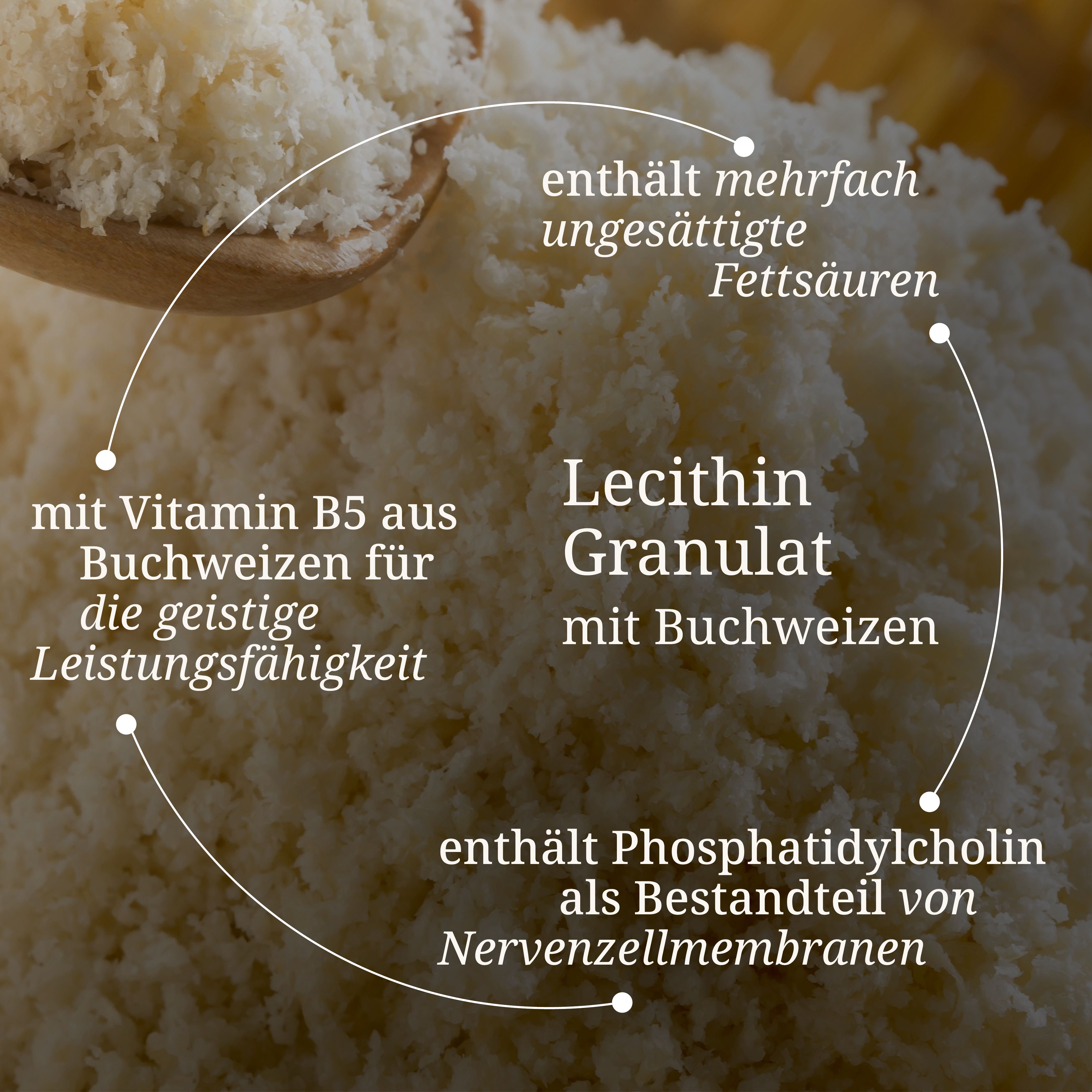 Nahaufnahme von Lecithin Granulat. Text: Lecithin Granulat mit Buchweizen.