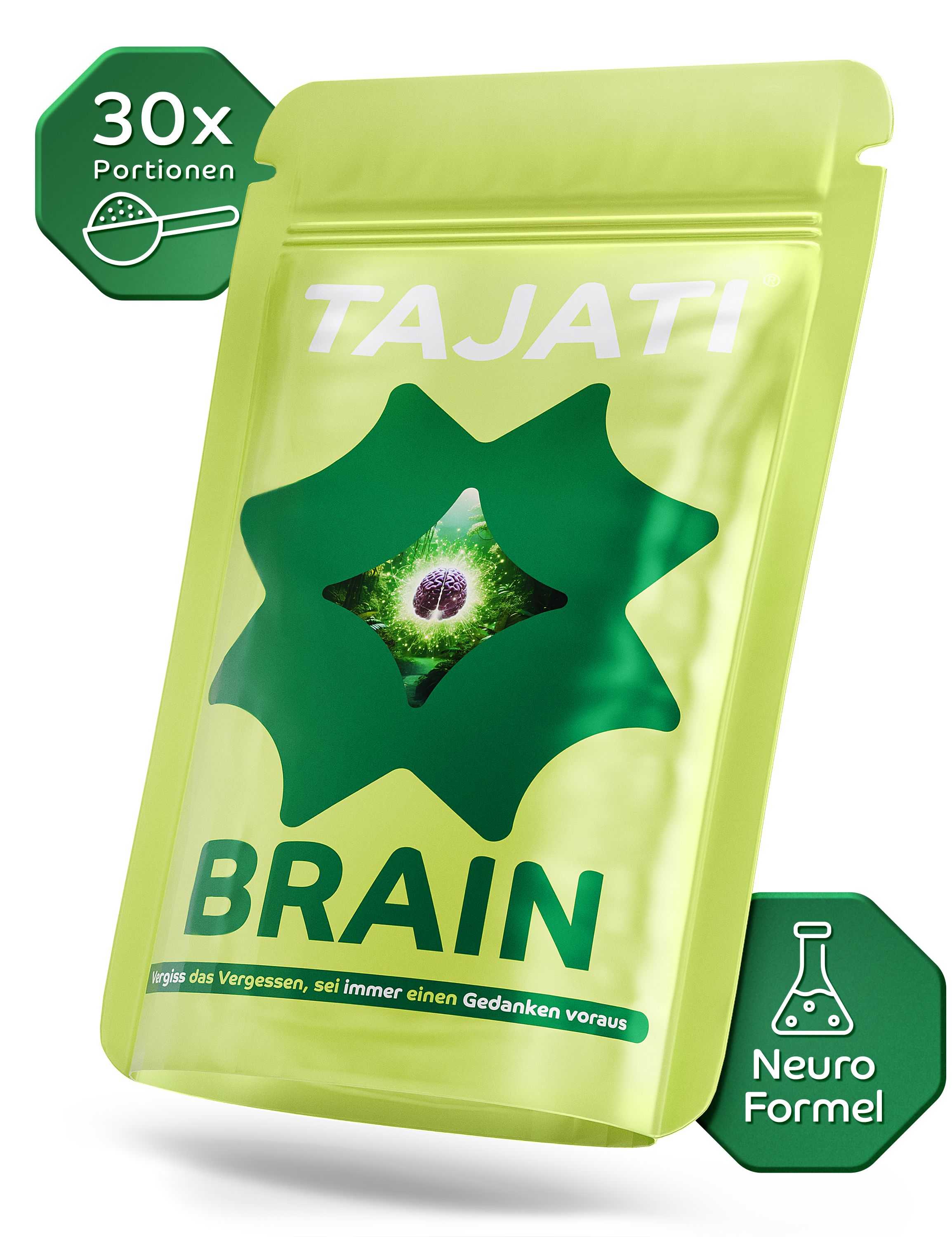 Grüner Beutel mit Produktaufdruck. Text: TAJATI BRAIN, 30 Portionen, Neuro Formel.