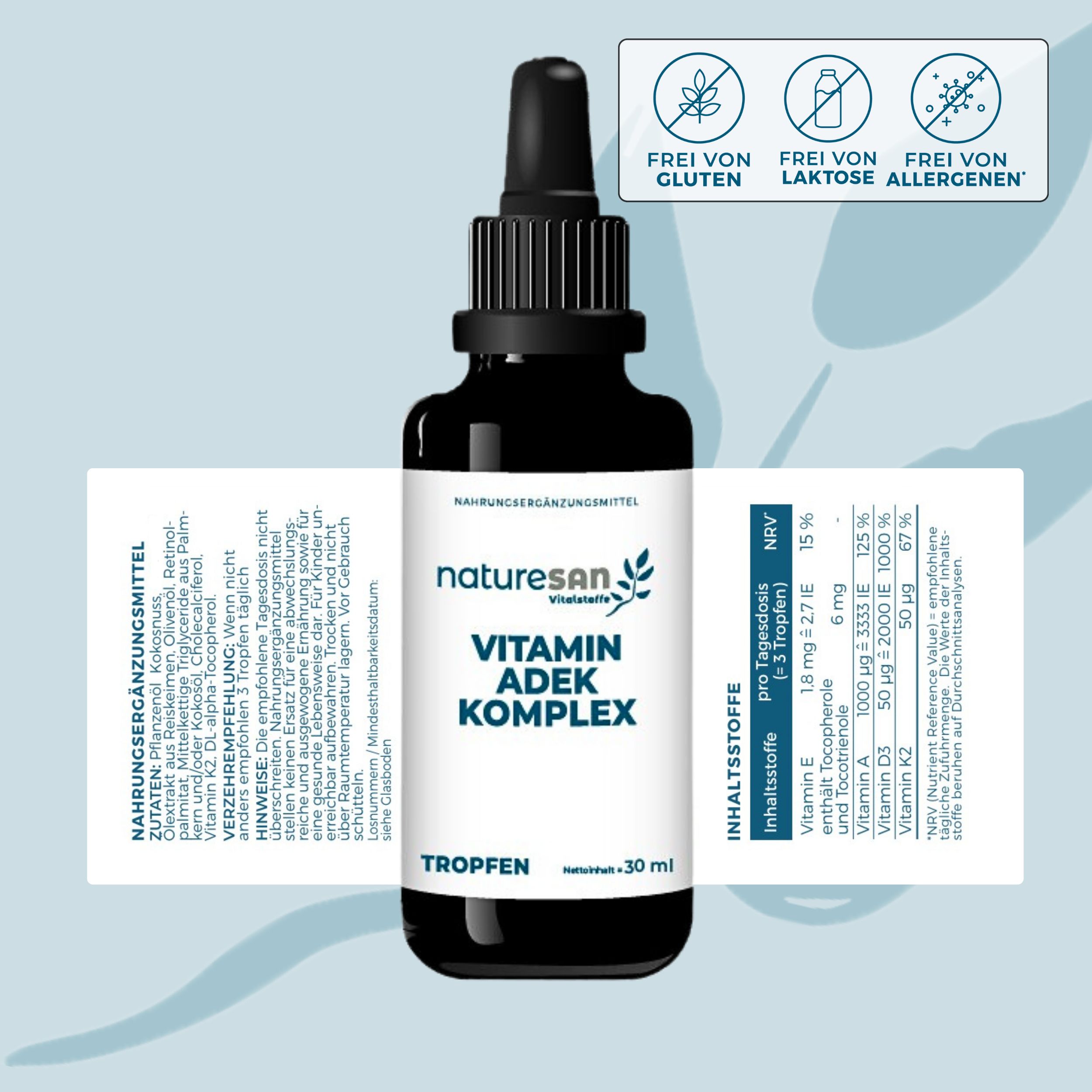 Braune Tropfenflasche mit Etikett. Text: Vitamin ADEK Komplex. Inhaltsstoffe und Nährwertangaben.