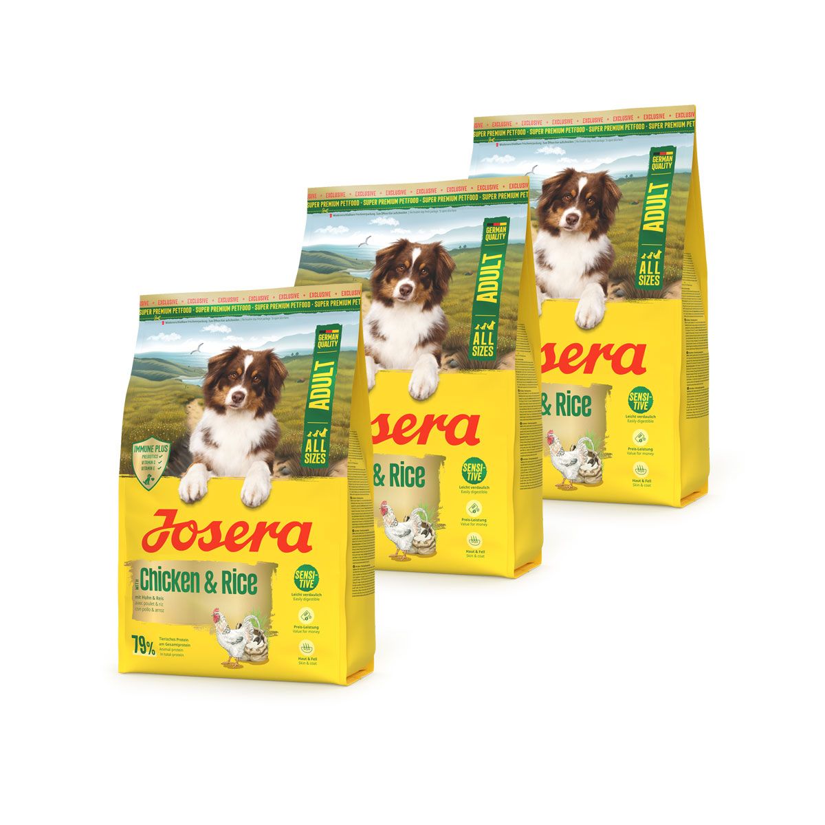 Drei gelbe Säcke Josera Huhn & Reis Hundefutter mit Welpenbild.