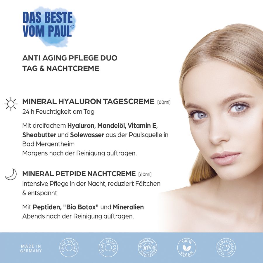 Gesichtspflege-Duo. Frau mit Hautpflege-Informationen. Text: Anti-Aging, Tag & Nachtcreme. Inhaltsstoffe und Zertifizierungen.