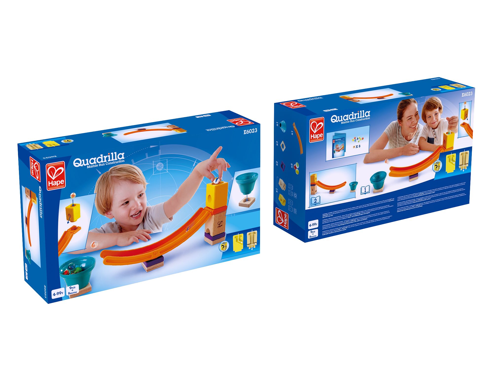 Zwei Kartons mit Hape Mega Skatepark. Aufdrucke zeigen das Produkt und Kinder, die damit spielen. Das Logo ist sichtbar.