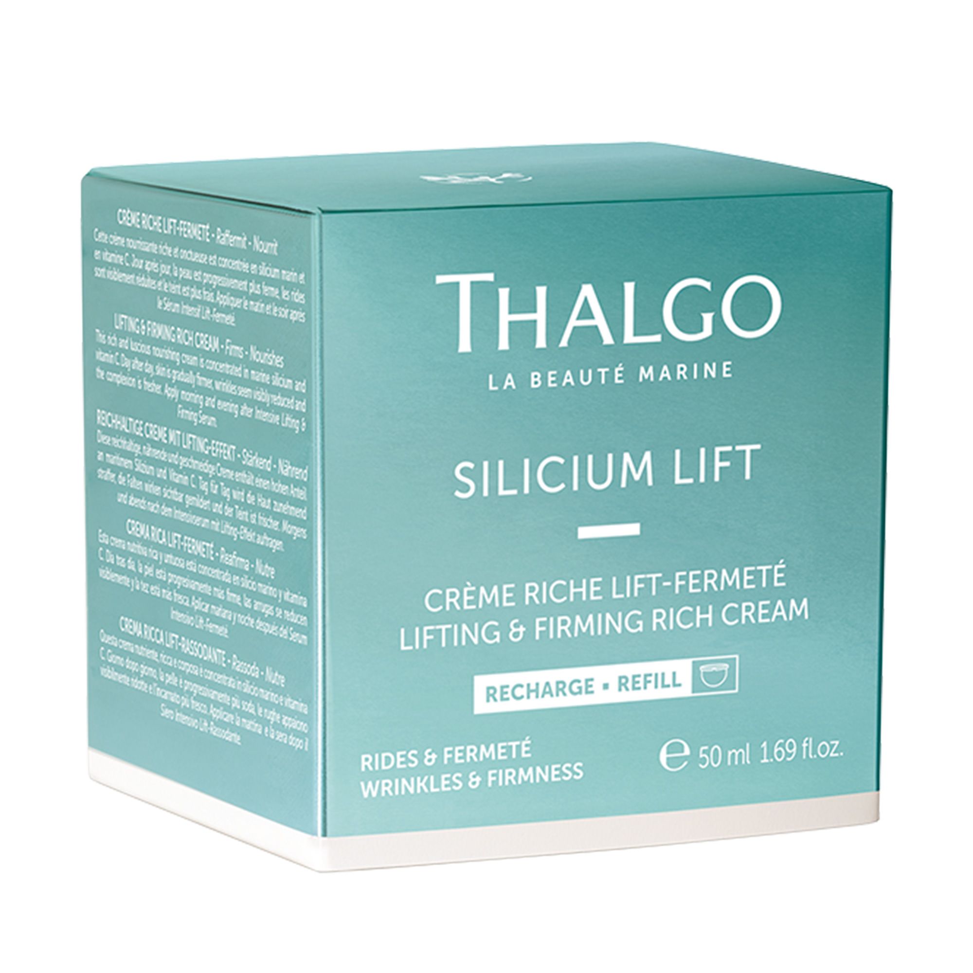 Türkisfarbene Schachtel mit Aufschrift THALGO, SILICIUM LIFT, Crème Riche Lift-Fermeté. 50 ml. Text: Recharge + Refill.