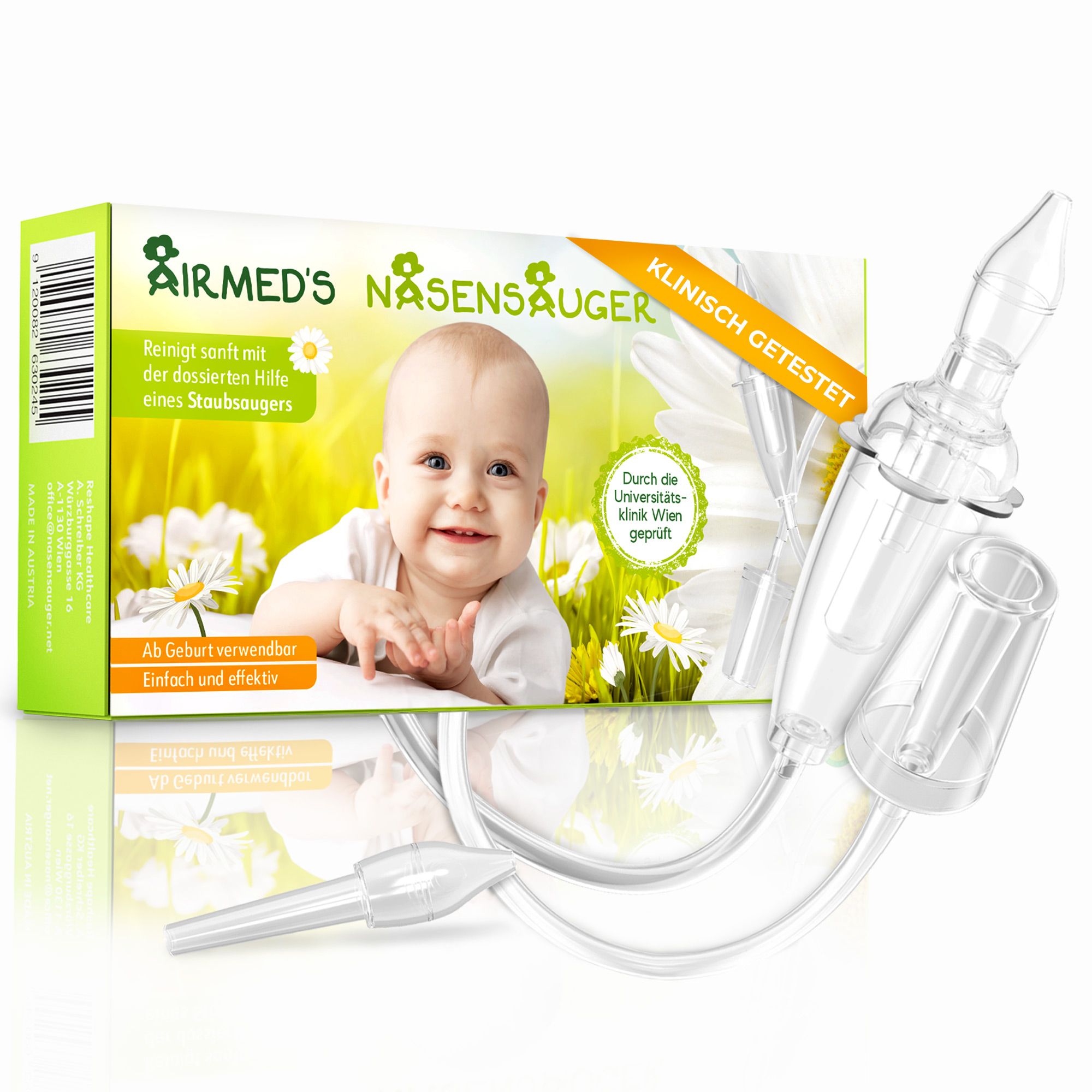 Airmed's Nasensauger. Produktverpackung und Nasensauger. Text: Reinigt sanft mit der dosierten Hilfe eines Staubsaugers. Klinisch getestet. Ab Geburt verwendbar.