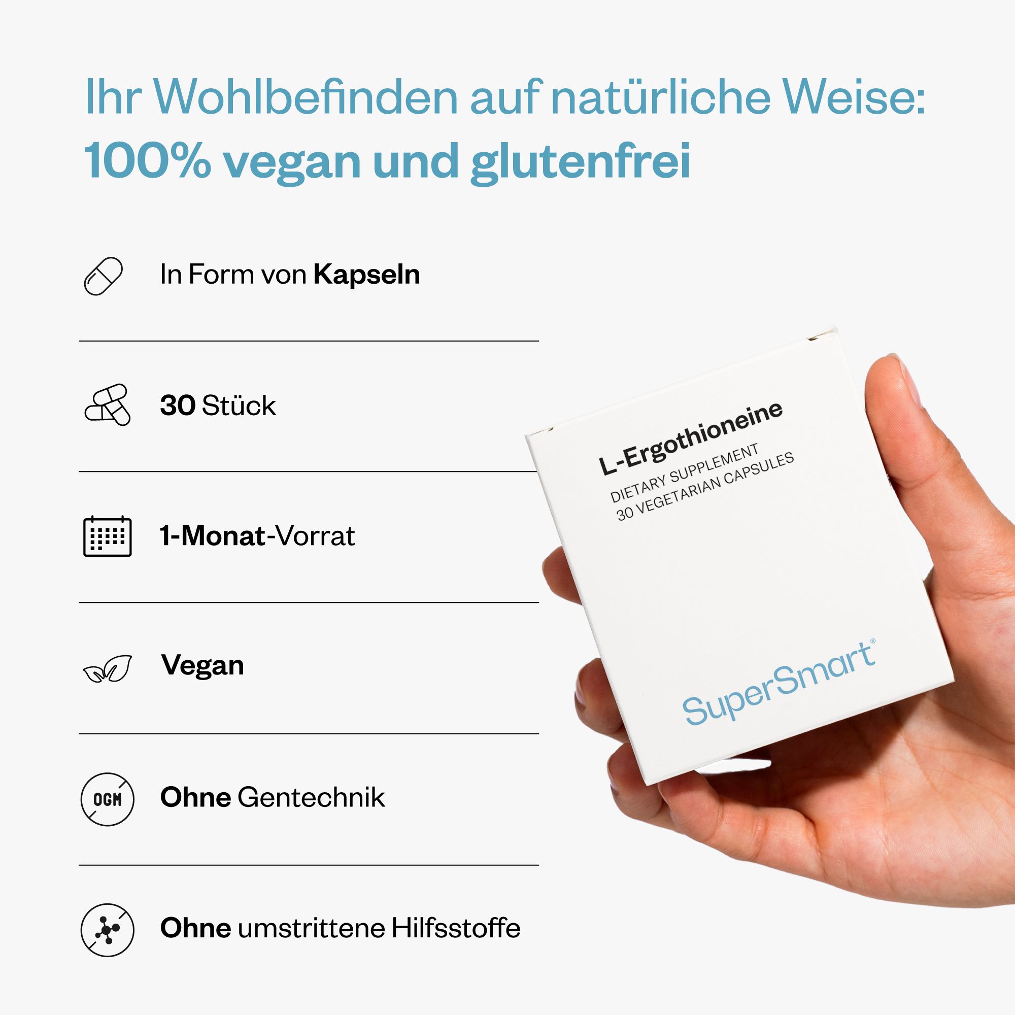 Hand hält eine Schachtel mit L-Ergothioneine, 30 vegetarische Kapseln. Informationen über vegane und glutenfreie Eigenschaften.