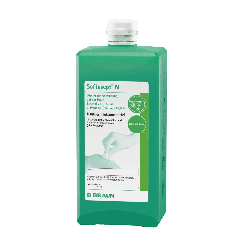 Grüne Flasche Softasept N Hautdesinfektionsmittel. Weißer Deckel, Etikett mit Produktinformationen und B. Braun Logo.