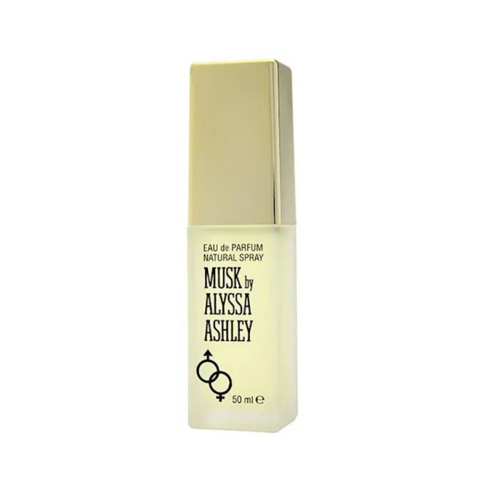Parfümflasche mit goldfarbenem Deckel. Aufschrift: Musk by Alyssa Ashley. 50 ml.