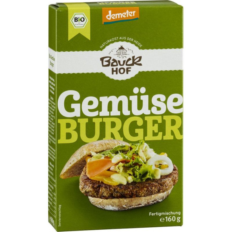 Grüne Verpackung mit "Bauckhof Gemüse Burger". Bio-Siegel, Demeter-Logo. Abbildung eines Burgers. Text: Fertigmischung e160 g.