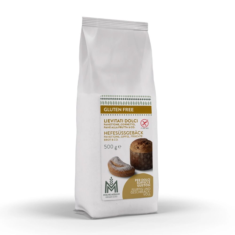 Weißer Beutel mit Aufdruck. Glutenfreie Backmischung für Hefesüßgebäck. Produktabbildung und Logo.