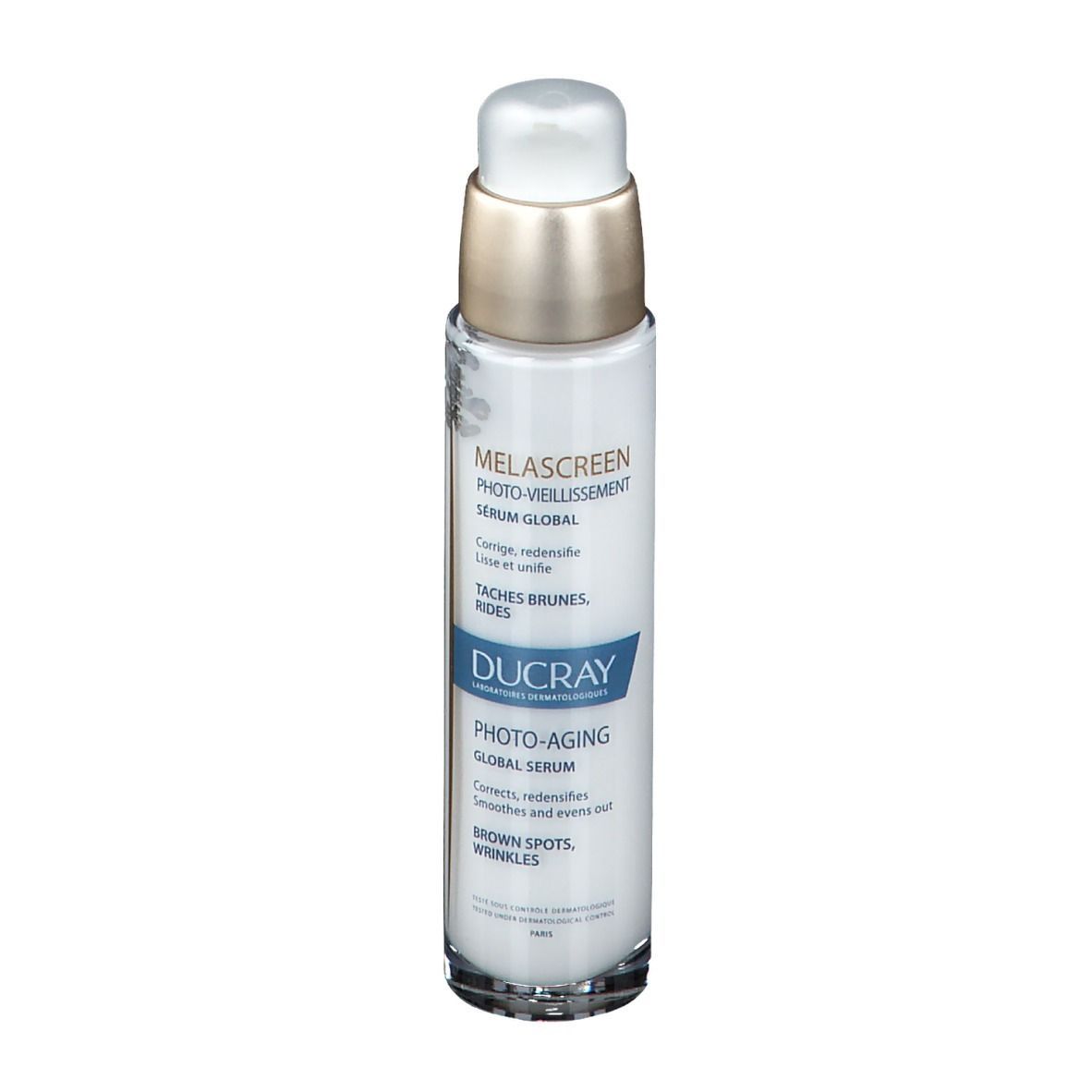 Weiße Flasche mit Pumpe. Aufschrift: MELASCREEN, Photo-Vieillissement Serum Global. Goldfarbener Verschluss.