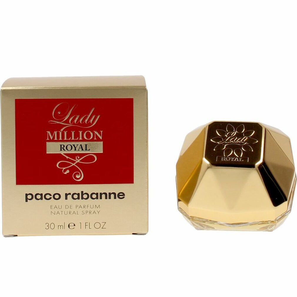 Goldfarbener Flakon und Verpackung. Aufschrift: Lady Million Royal, Paco Rabanne. 30 ml.