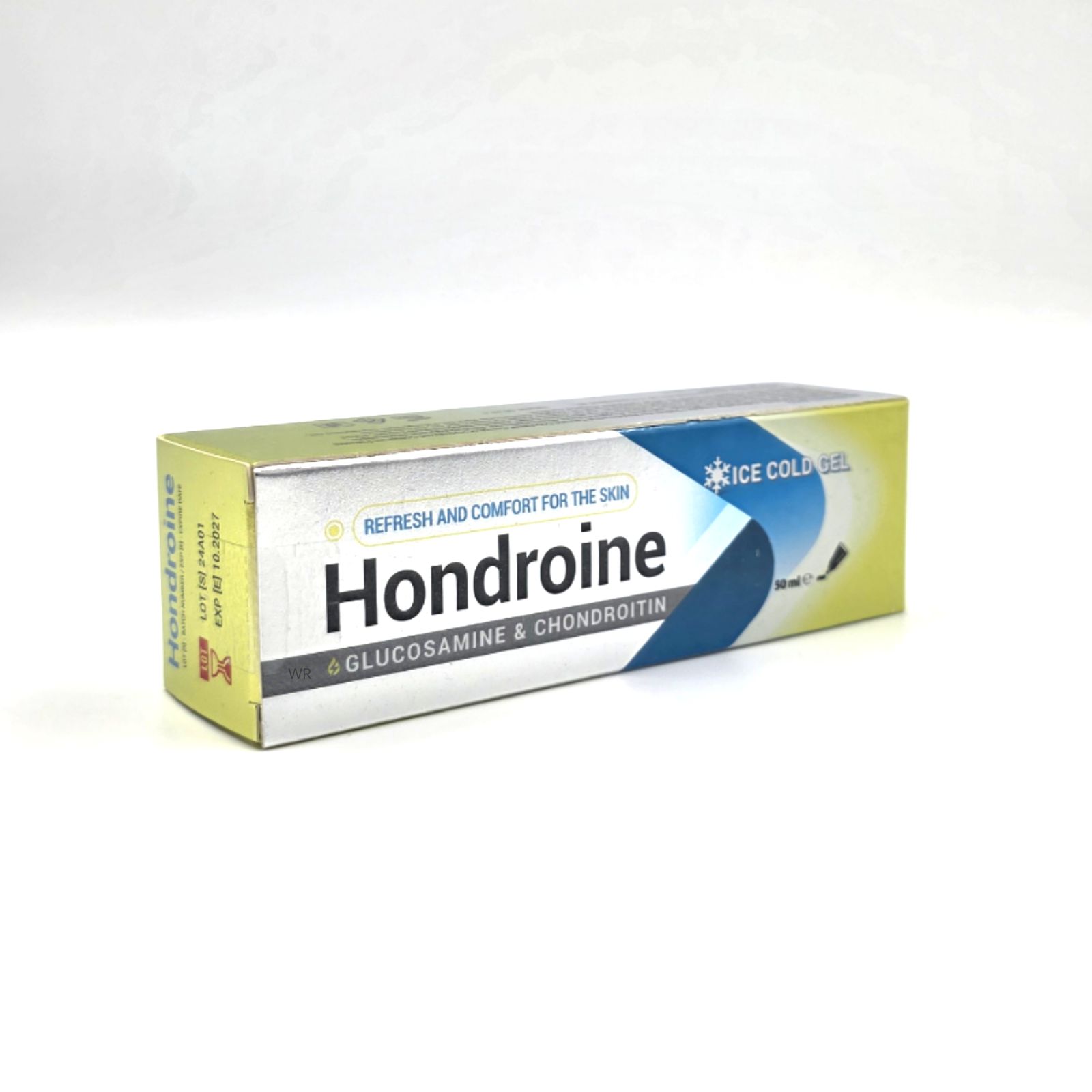 Hondroine Ice Cold Gel Schachtel. Aufschrift: Glucosamin & Chondroitin. Gelb, blau und weiß.