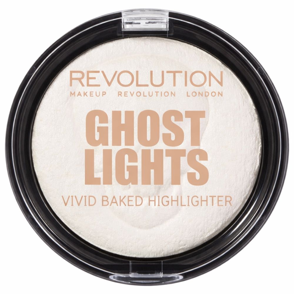 Runder, schwarzer Behälter mit hellem Highlighter. Aufschrift: GHOST LIGHTS, VIVID BAKED HIGHLIGHTER. Marke: Makeup Revolution.