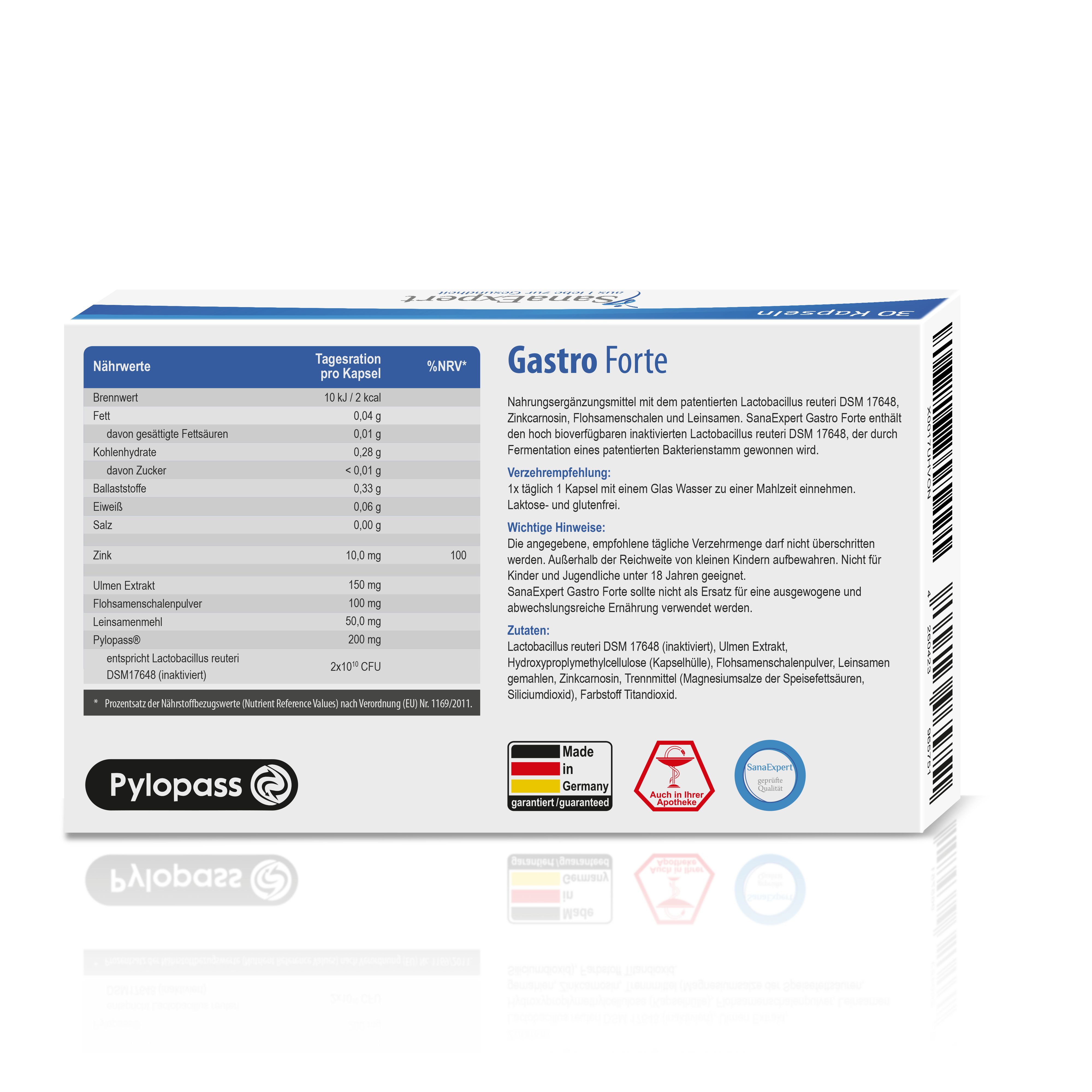 Rückseite der Produktverpackung von SanaExpert Gastro Forte. Enthält Nährwerttabelle, Inhaltsstoffe und Anwendungshinweise. Mit Qualitätszeichen.