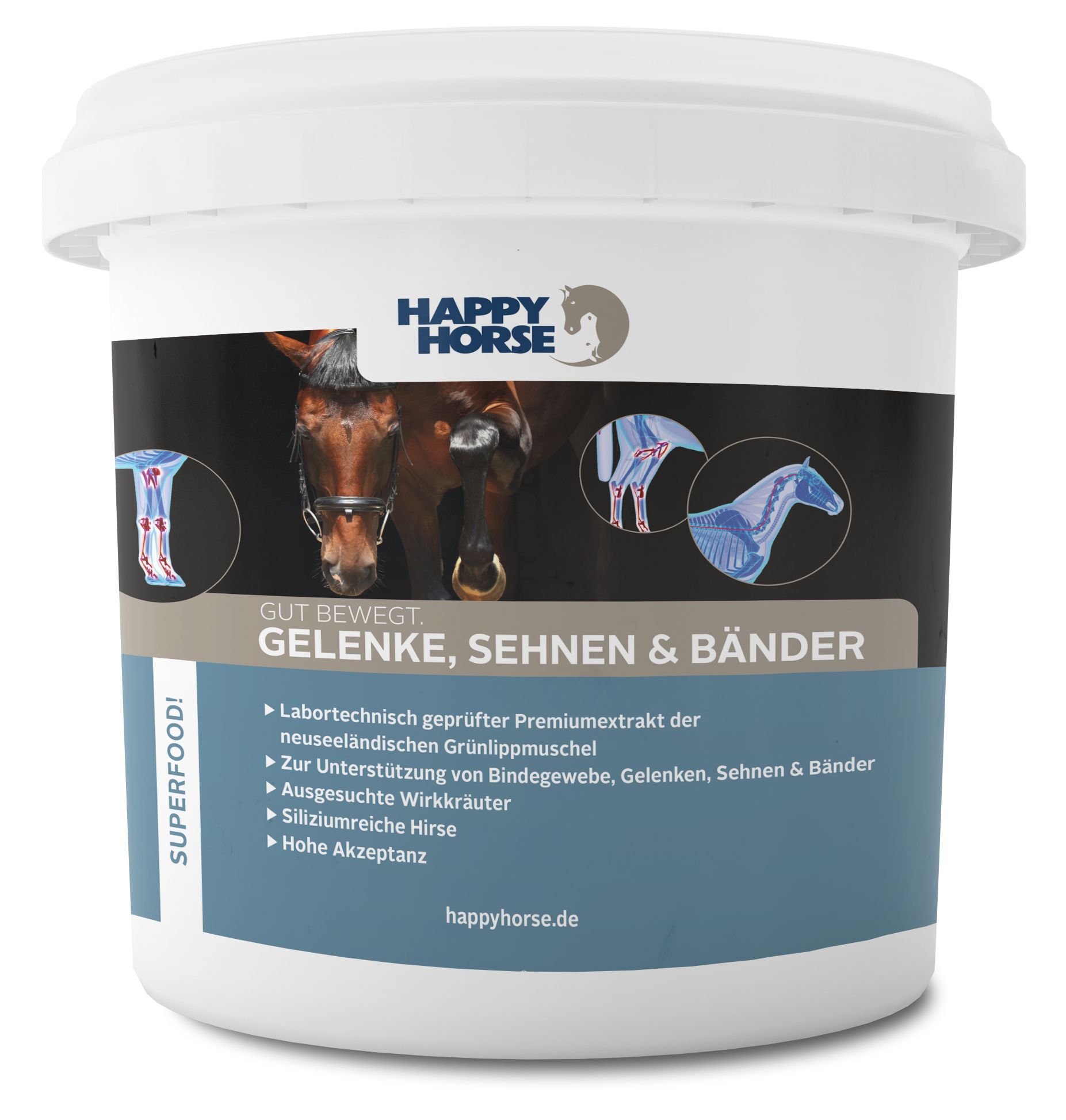 Eimer mit Produkt Gelenke, Sehnen & Bänder. Aufschrift Happy Horse. Illustrationen von Pferd und Gelenken. Blaue Produktinformationen.