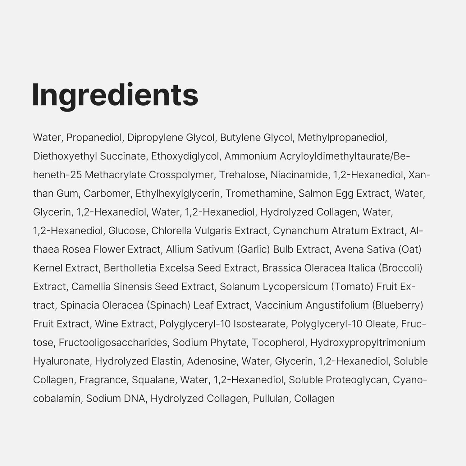 Text: Ingredients. Auflistung von Inhaltsstoffen, darunter Wasser, Propandiol, Hyaluronsäure, Kollagen, etc.
