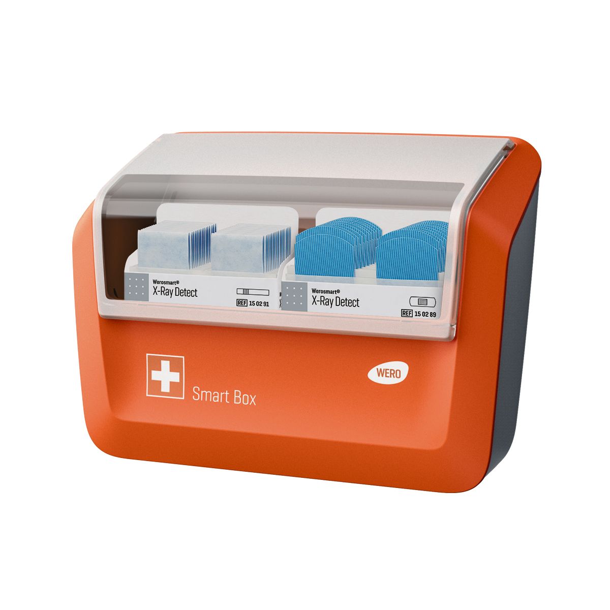 Orangene Smart Box mit Pflastern. WERO-Logo und Kreuzsymbol sichtbar. X-Ray Detect-Pflaster.