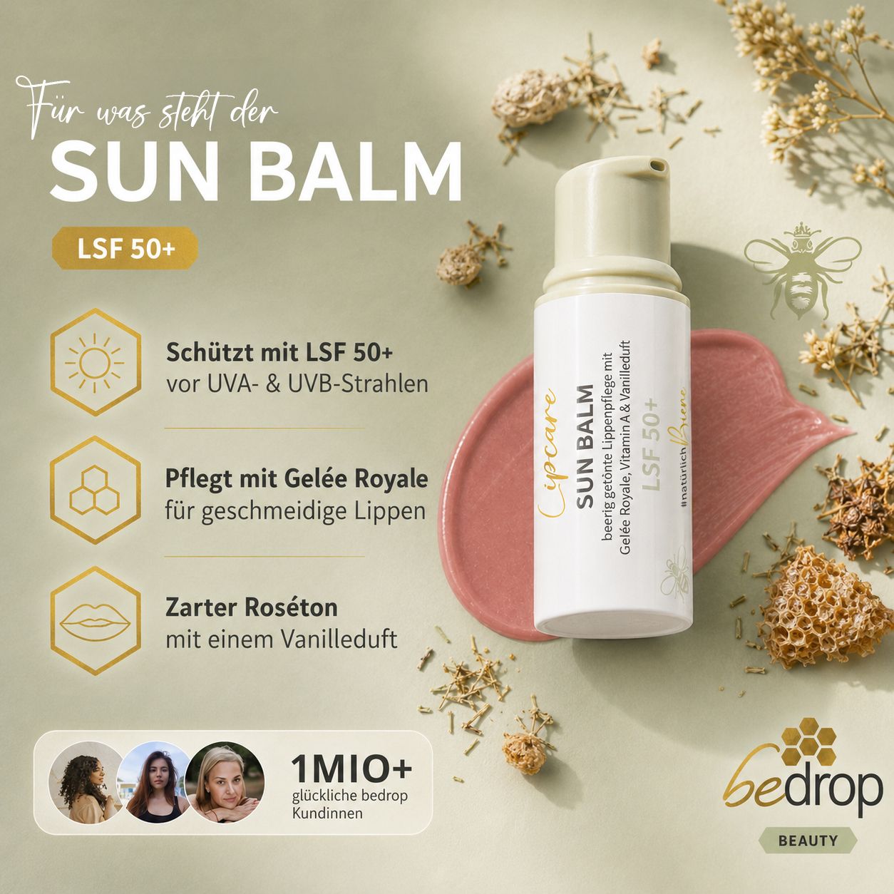 Lippenpflegebalsam mit LSF 50+, Gelée Royale, Vitamin A & Vanilleduft. Weiße Tube mit goldfarbenem Deckel. Rosa Produkt auf rosa Untergrund.