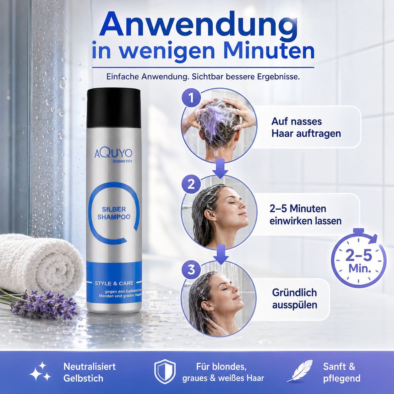 Produktabbildung: Aquyo Silbershampoo. Anwendung in Minuten. Schritt-für-Schritt-Anleitung mit Bildern und Text.