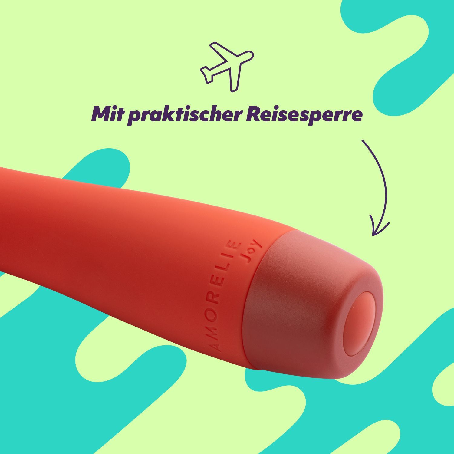 Roter Vibrator mit Reiseverschluss. Text: Mit praktischer Reisesperre.