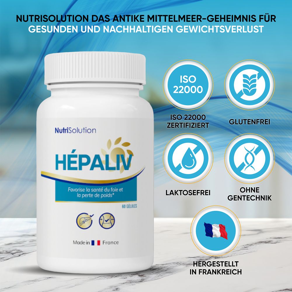 NutriSolution HepaLiv Flasche mit Zertifizierungen: ISO 22000, glutenfrei, laktosefrei, ohne Gentechnik.