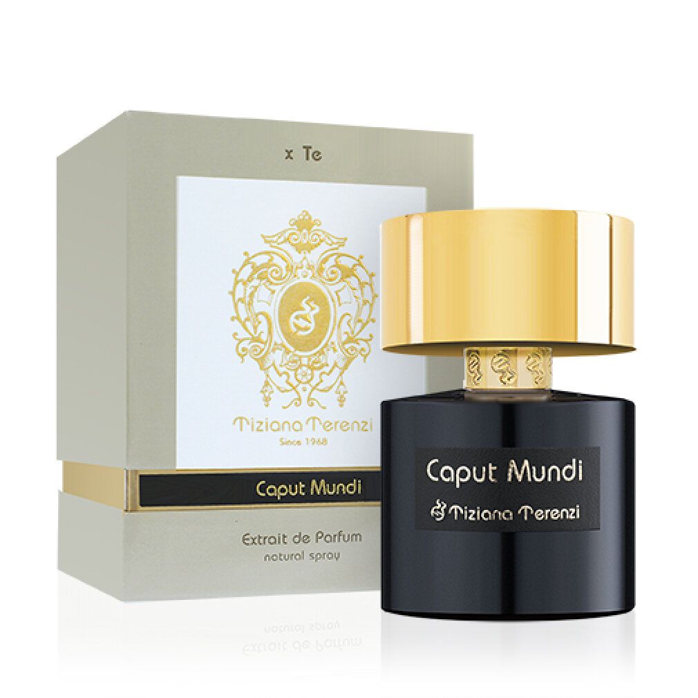 Flakon und Verpackung. Schwarzer Flakon mit goldfarbenem Deckel. Aufschrift: Caput Mundi, Tiziana Terenzi. Extrait de Parfum.