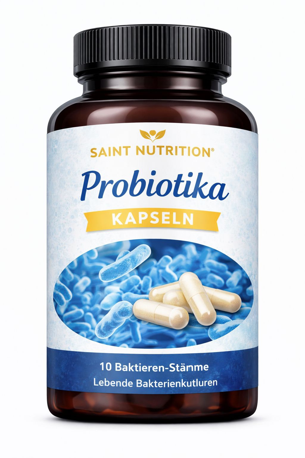 Braune Flasche mit schwarzen Deckel. Aufschrift: Saint Nutrition Probiotika Kapseln. Zeigt Kapseln und Bakterien-Illustration.
