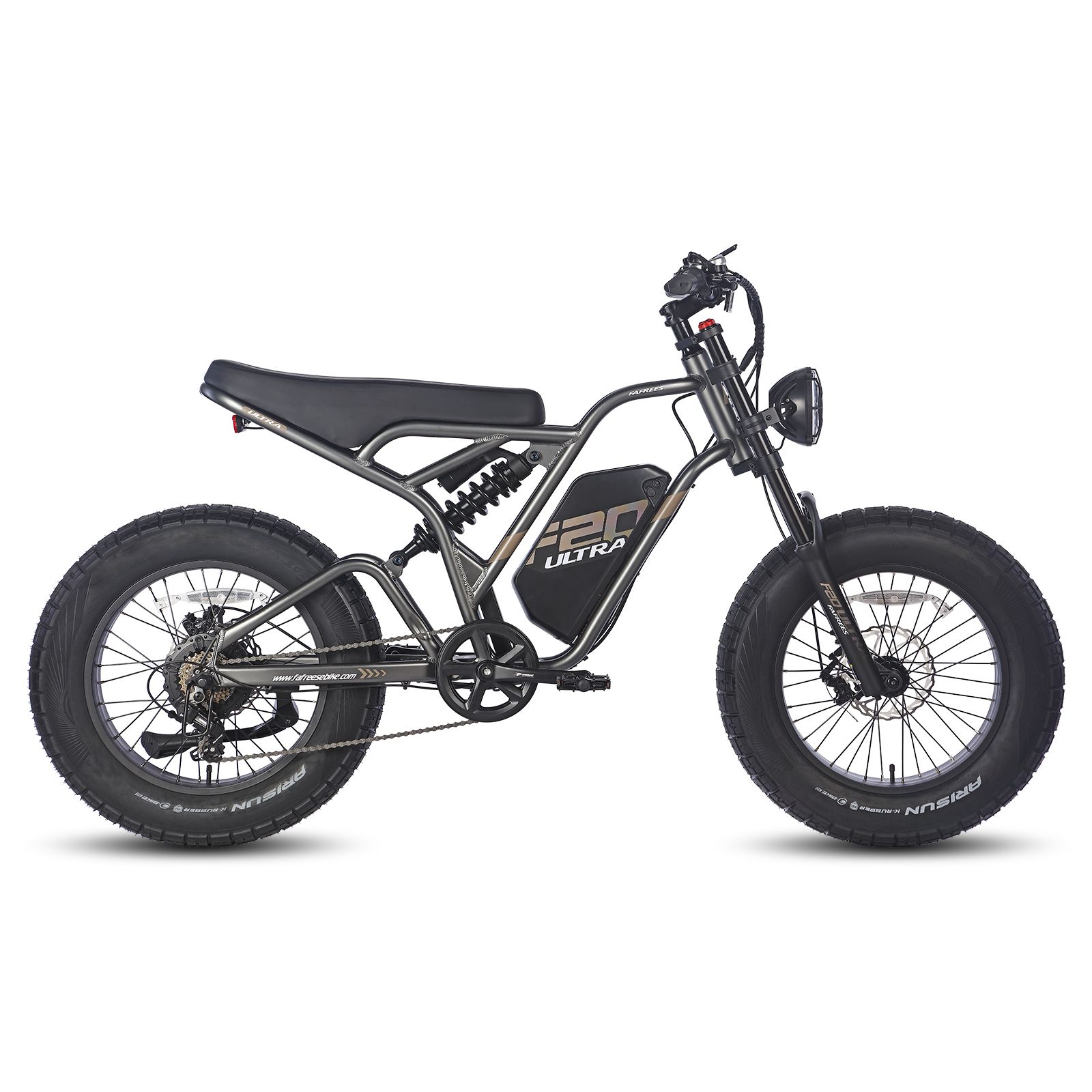 Graue E-Dirtbike mit schwarzen Reifen. Sichtbar: Sattel, Motor, Scheinwerfer, F20 Ultra-Logo.