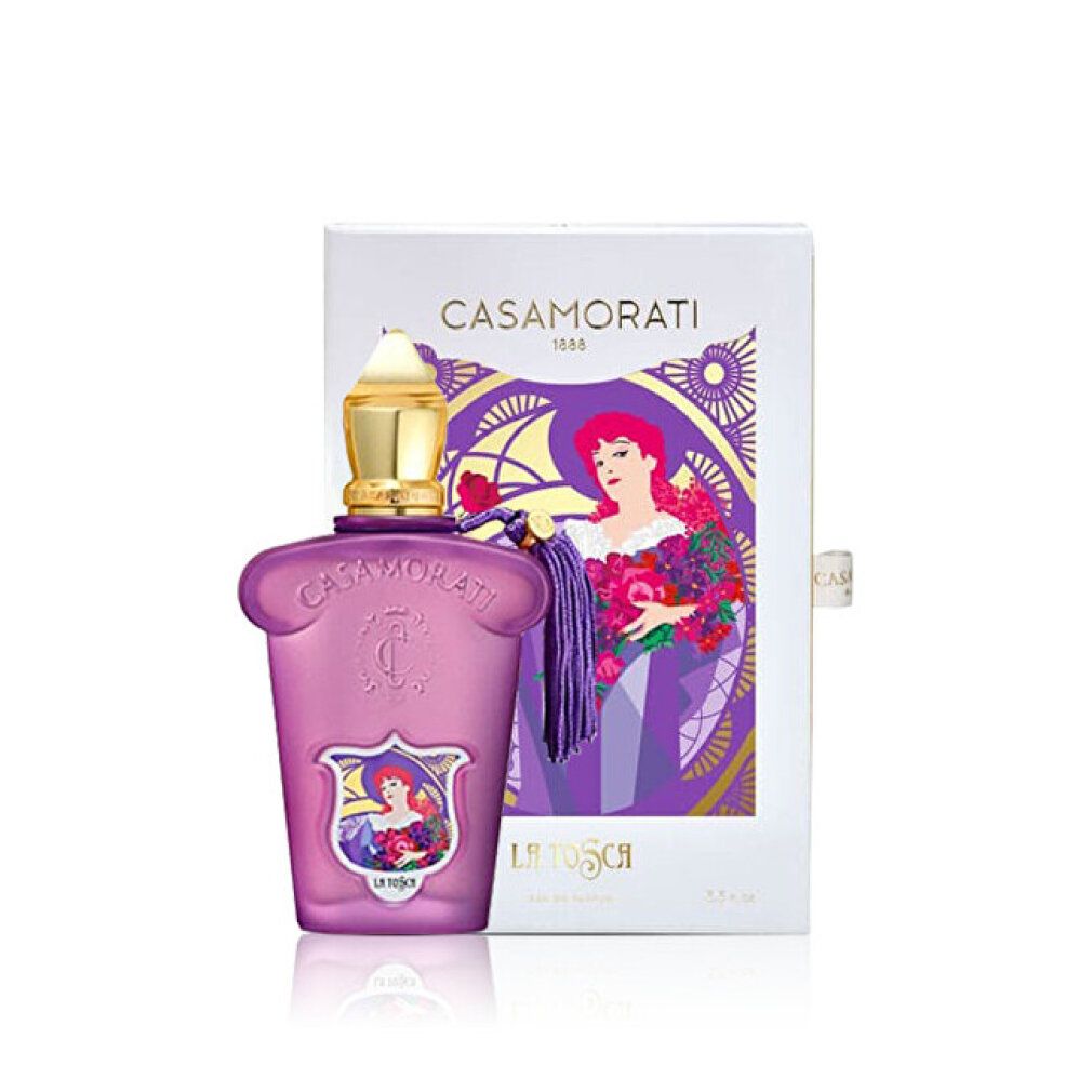 Flakon und Verpackung. Flakon mit lila Quaste. Verpackung mit Illustration einer Frau mit Blumen. Text: Casamorati, La Tosca.