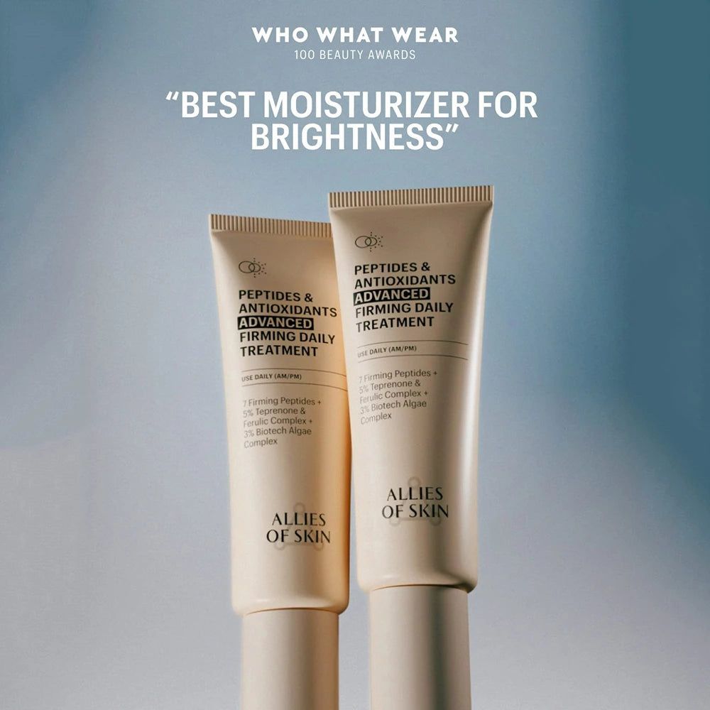 Zwei Creme-Tuben. Text: BEST MOISTURIZER FOR BRIGHTNESS. Marke: ALLIES OF SKIN.
