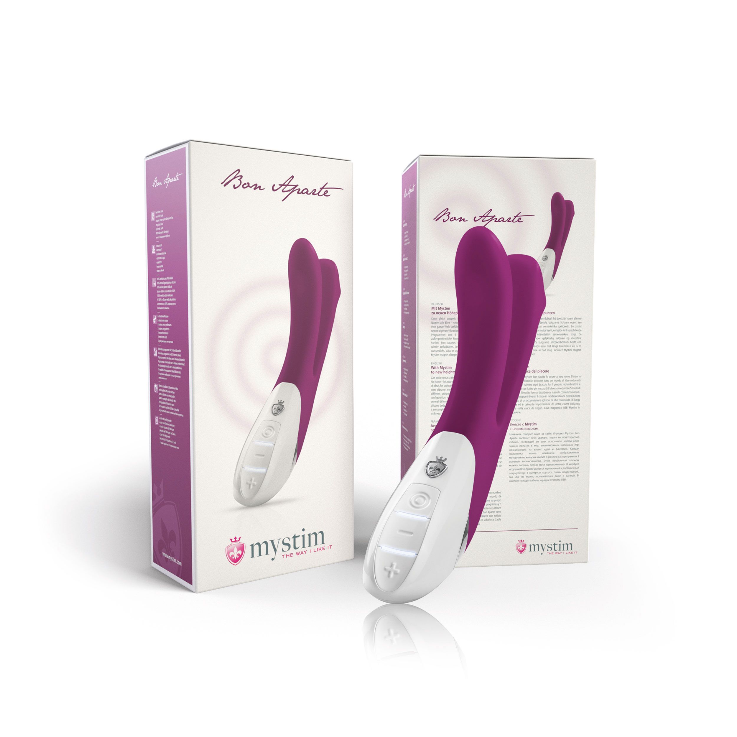 Zwei Vibratoren in Verpackung. Lila und weiß. Text: Mystim Bon Aparte.