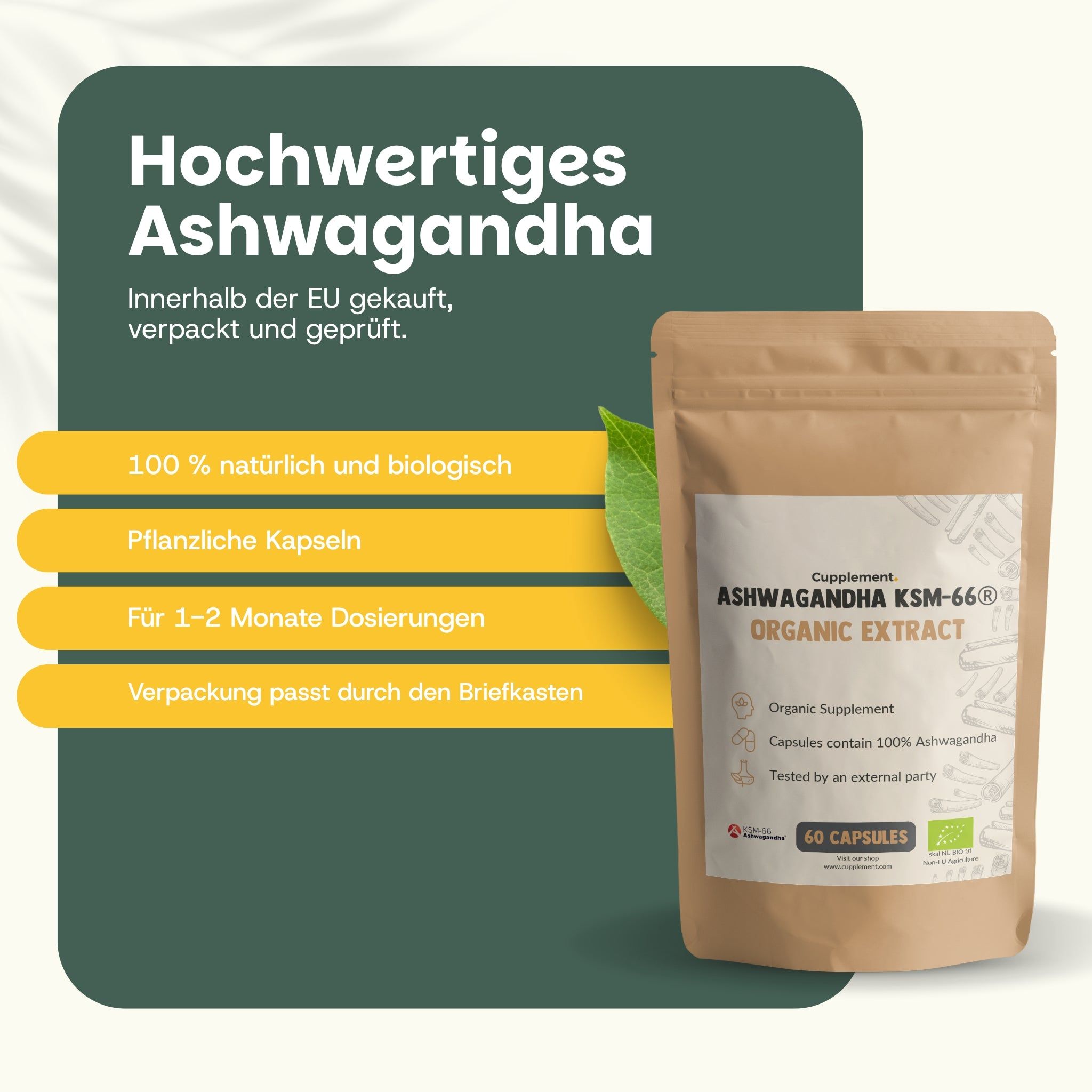 Braune Beutelverpackung mit Aufschrift: Ashwagandha KSM-66 Organic Extract. Enthält 60 Kapseln. 100% natürlich & biologisch.