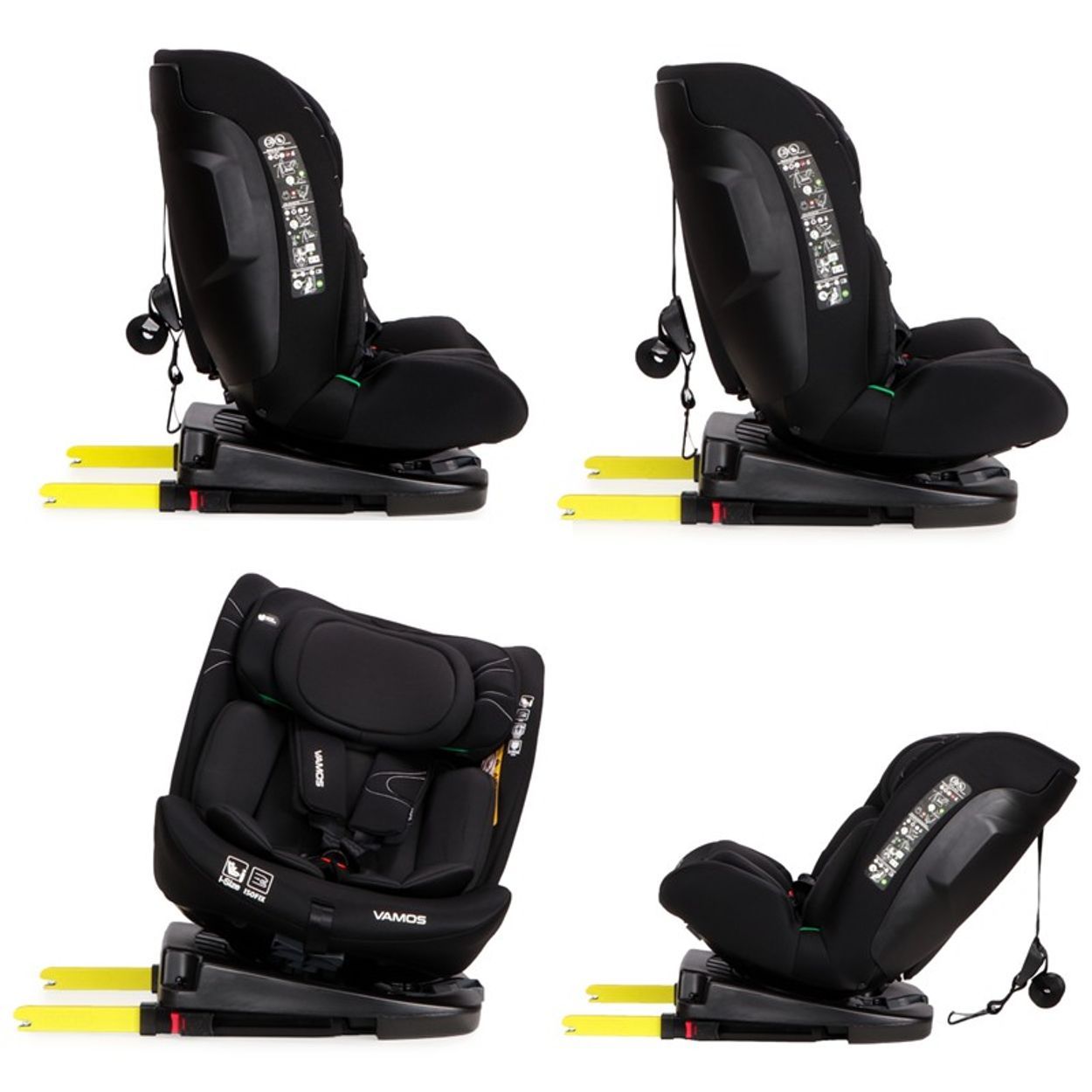 Vier Seitenansichten eines schwarzen Kindersitzes mit Isofix-Befestigung.
