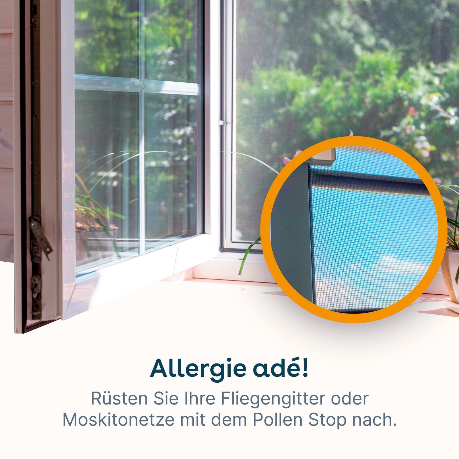 Raam met hor. Vergrote weergave van het gaas. Tekst: Allergie adé! Rust uw horren uit met Pollen Stop.