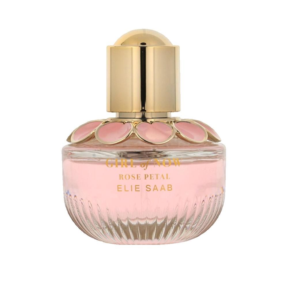 Parfümflakon Girl of Now Rose Petal Elie Saab. Goldener Deckel, blütenförmige Verzierung. Rosa Flüssigkeit im Glas.