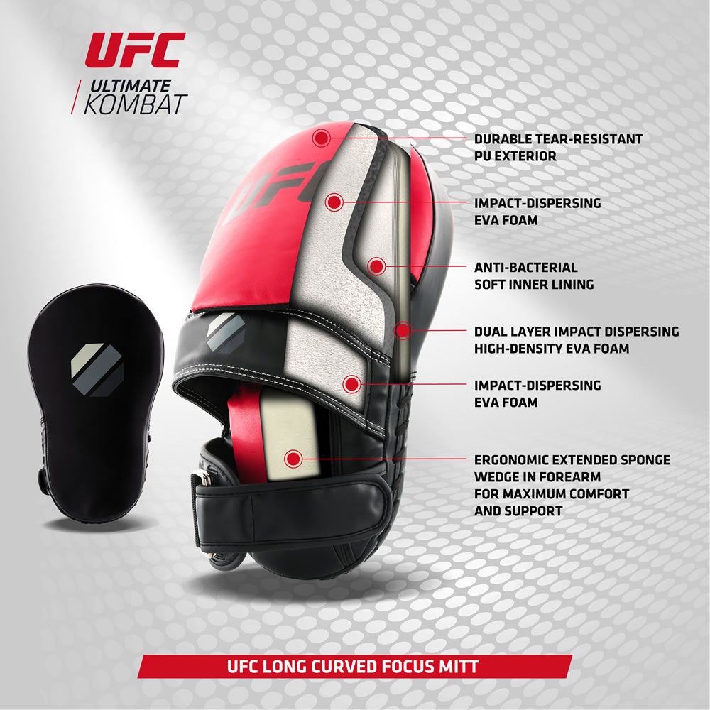 Schnittzeichnung der UFC-Handpratze. Beschriftungen: PU-Außen, EVA-Schaum, antibakterielles Innenfutter, etc.